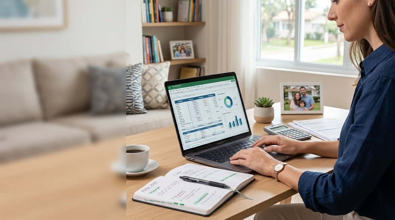 Sobre 1 Mulher analisando controle financeiro no computador em ambiente doméstico.