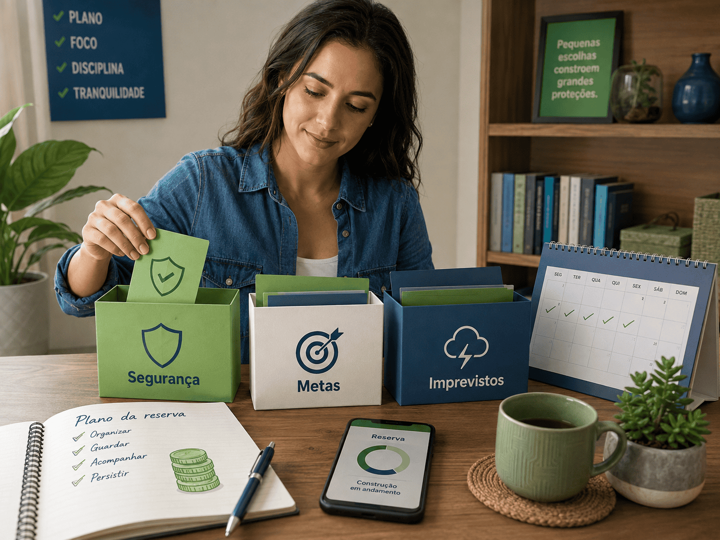 Mulher organizando finanças pessoais com categorias de economia e metas.